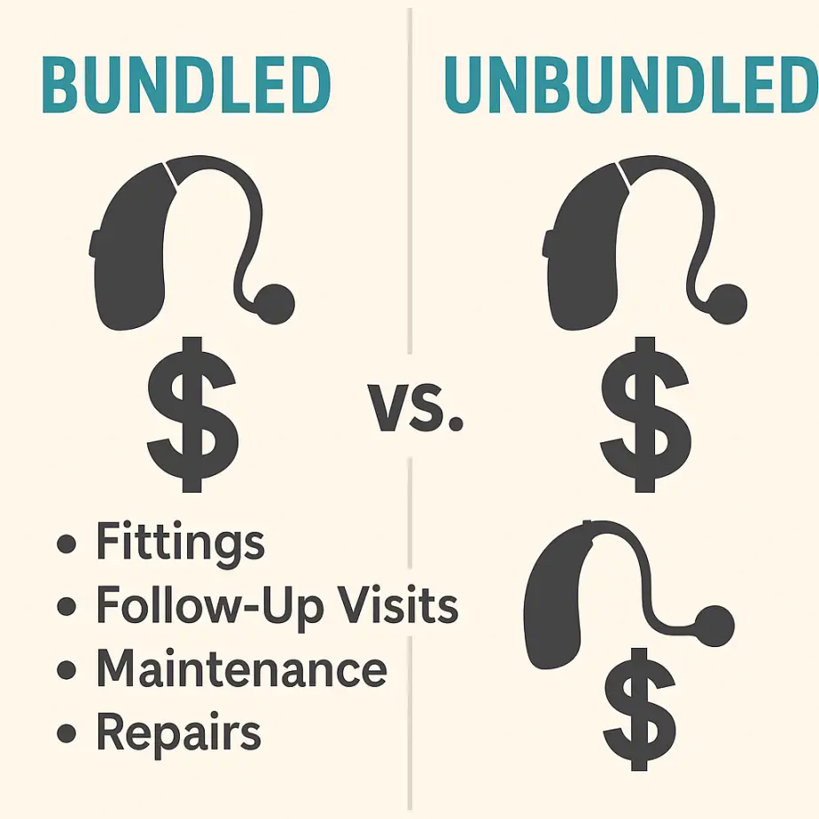 Infographic comparing bundled vs. unbundled hearing aid pricing, showing what services are included in each option.