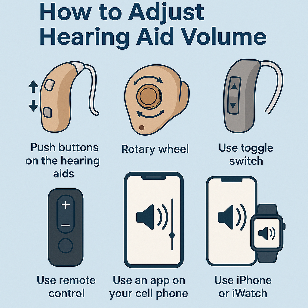 Infographic titled 'How to Adjust Hearing Aid Volume' showing six methods: push buttons on behind-the-ear hearing aids, a rotary wheel on an in-the-ear hearing aid, a toggle switch on a behind-the-ear aid, a remote control with plus and minus buttons, a smartphone app with a volume slider, and an iPhone paired with an Apple Watch displaying volume control
