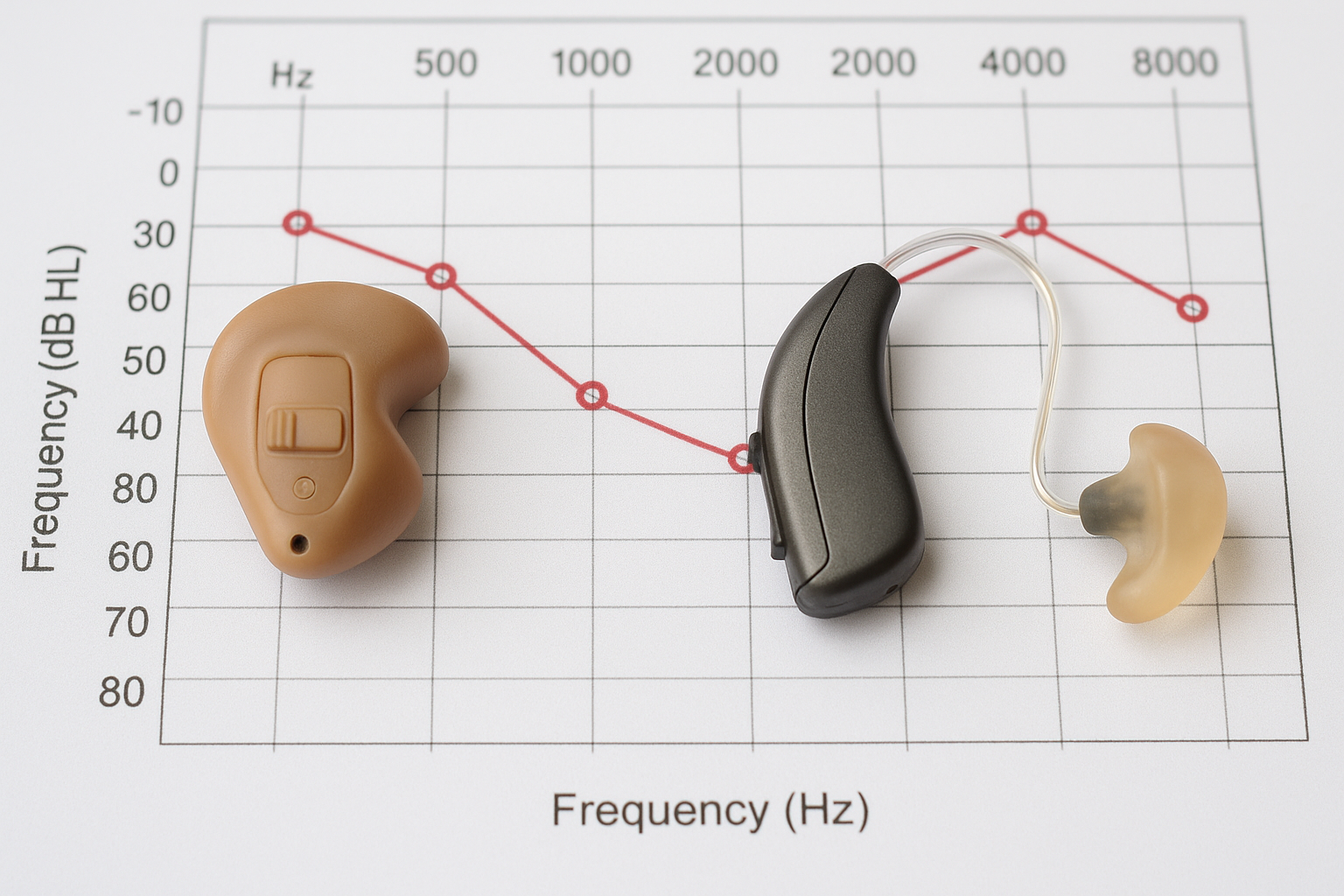 Two custom-molded hearing aids, one in-the-ear style and one receiver-in-canal with a custom earmold, placed on an audiogram chart showing a cookie bite hearing loss pattern.