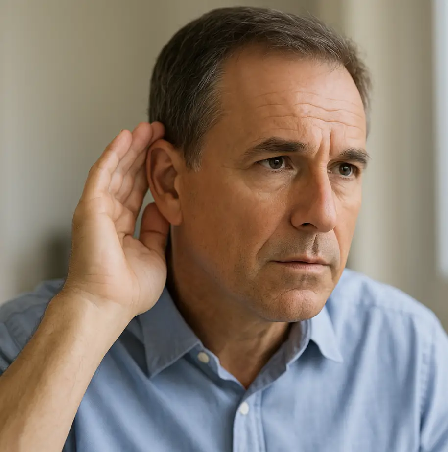older man with hand cupped to his ear trying to hear