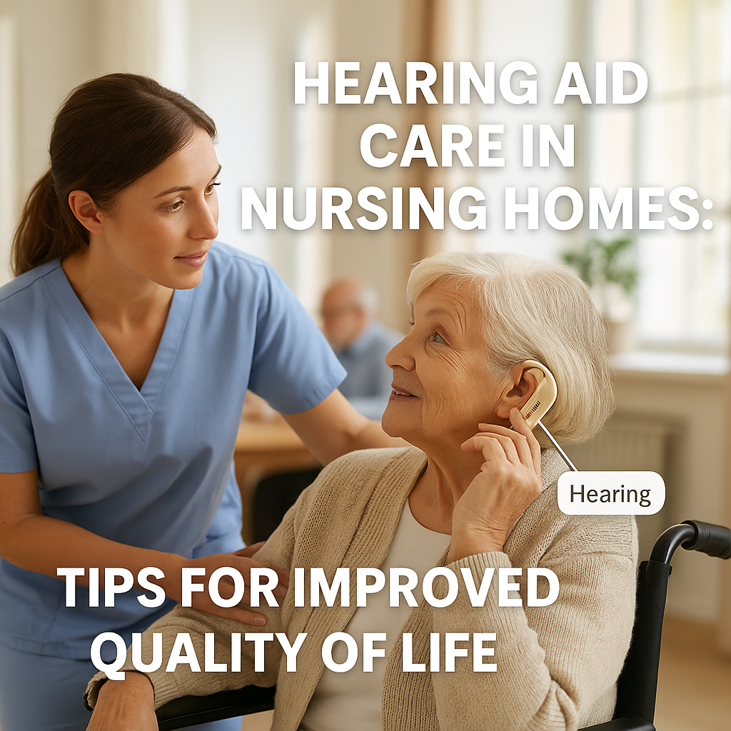 Elderly woman in a wheelchair smiling while adjusting her behind-the-ear hearing aid, with a young caregiver leaning in attentively, set in a bright nursing home environment, overlaid with the text “Hearing Aid Care in Nursing Homes: Tips for Improved Quality of Life.”
