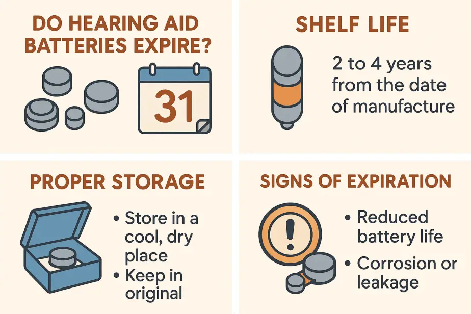 Infographic showing hearing aid battery expiration, shelf life (2–4 years), proper storage tips, and signs of expiration like corrosion and reduced life.