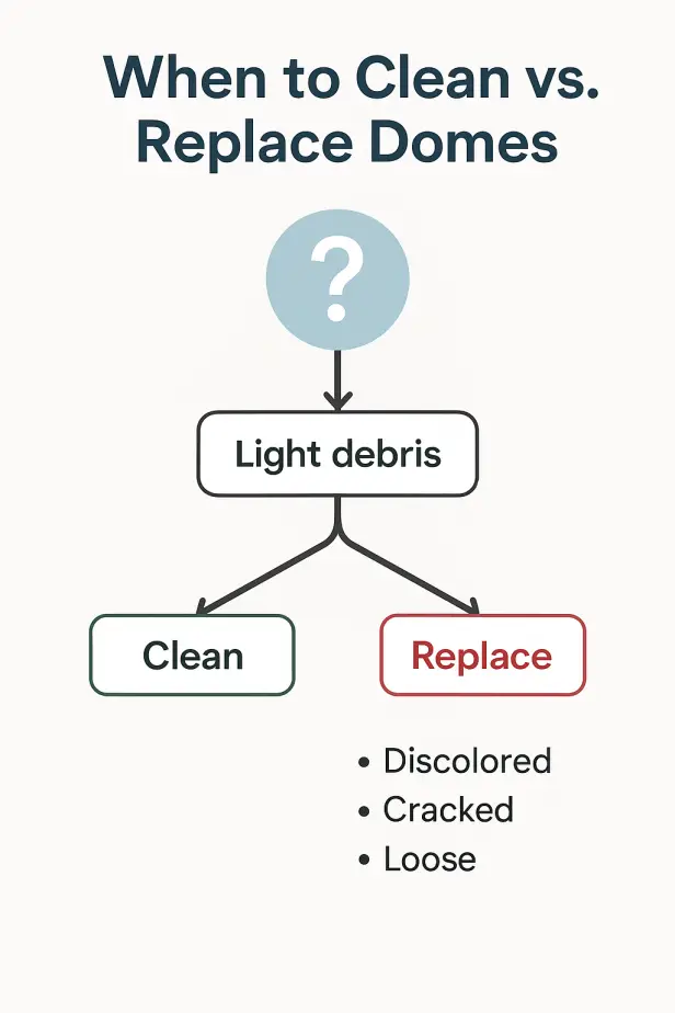 Infographic flowchart showing when to clean versus replace hearing aid domes: clean if there is light debris, replace if the dome is discolored, cracked, or loose
