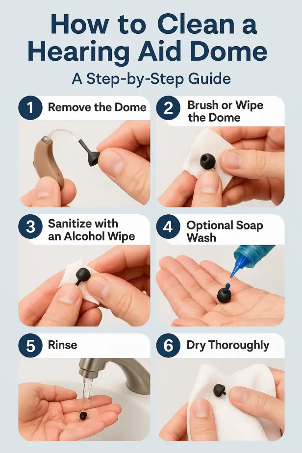 infographic showing six steps to clean a hearing aid dome: remove the dome, brush or wipe, sanitize with alcohol wipe, optional soap wash, rinse under water, and dry thoroughly