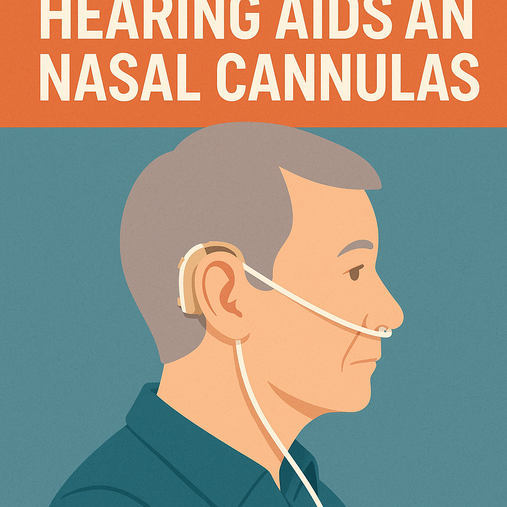 Digital illustration of an older man wearing a beige behind-the-ear hearing aid and a nasal cannula, highlighting challenges of using both devices together.