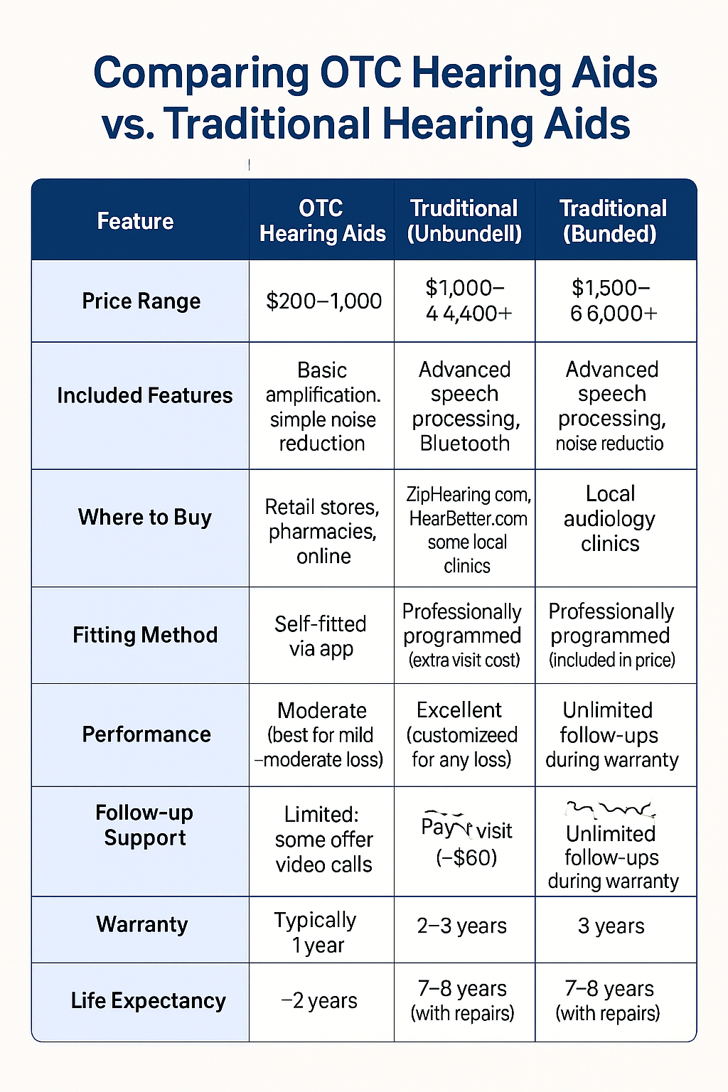 Comparison chart of OTC hearing aids versus traditional hearing aids (unbundled and bundled), showing differences in price range, included features, where to buy, fitting method, performance, follow-up support, warranty, and life expectancy in a blue and white table format.
