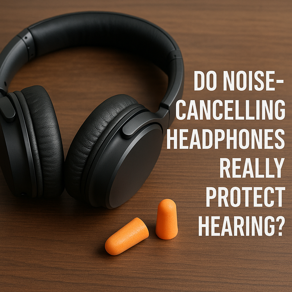 Close-up of black over-ear noise-cancelling headphones placed on a wooden surface beside two orange foam earplugs, symbolizing the comparison between ANC technology and traditional hearing protection.