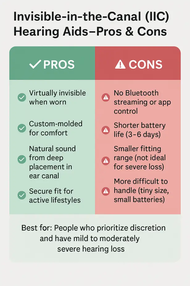 Infographic showing pros and cons of Invisible-in-the-Canal (IIC) hearing aids. Pros include invisibility, custom comfort, natural sound, and secure fit. Cons include no Bluetooth, short battery life, limited fitting range, and small size handling difficulty