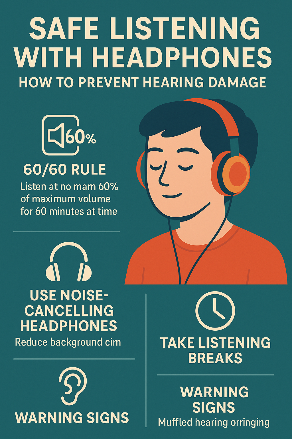 Infographic showing a person wearing over-ear headphones with safe listening tips, including the 60/60 rule, using noise-cancelling headphones, taking listening breaks, and recognizing warning signs of hearing damage