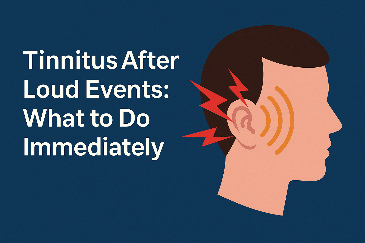 Illustration of a person holding their ear with sound waves and red lines symbolizing ringing, representing tinnitus after loud events.