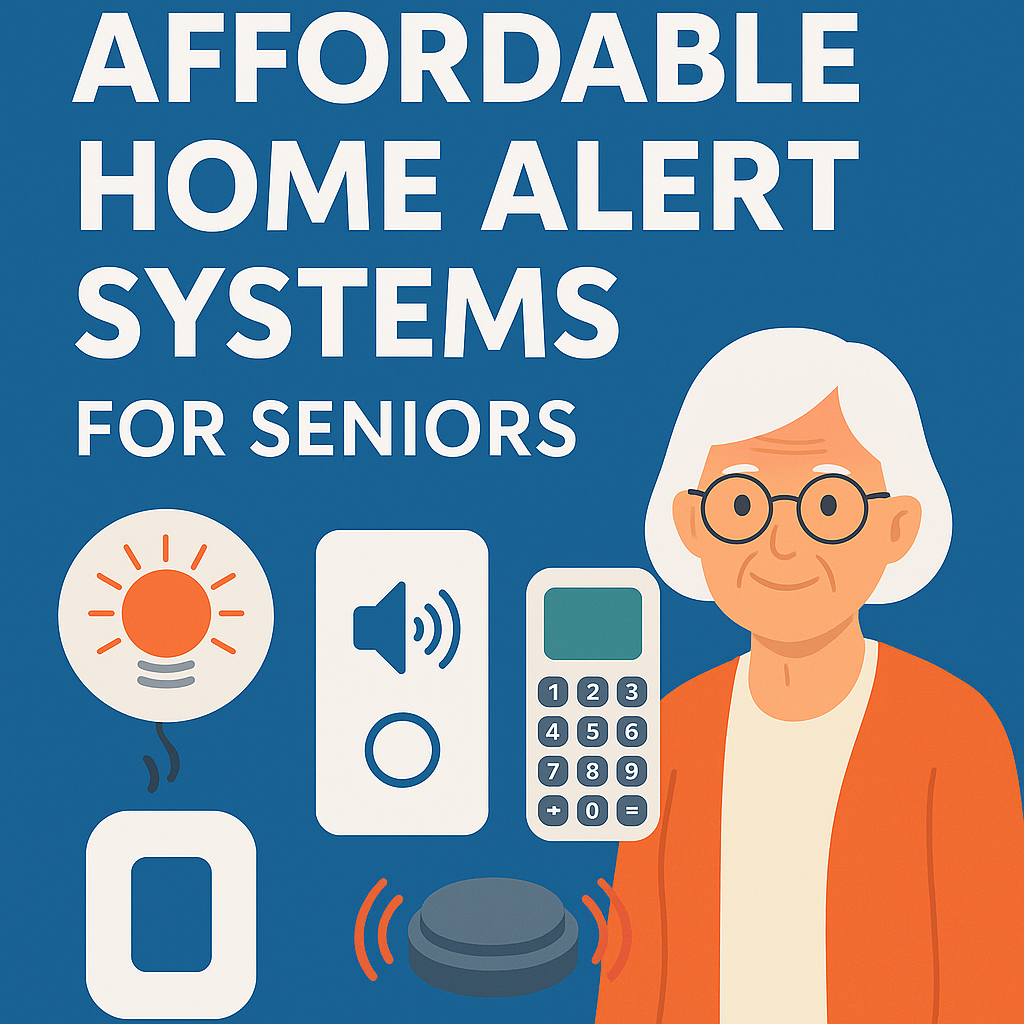 Affordable home alert systems for seniors showing devices like smoke alarms with flashing lights, doorbell receivers, amplified phones, and a bed shaker for improved safety.