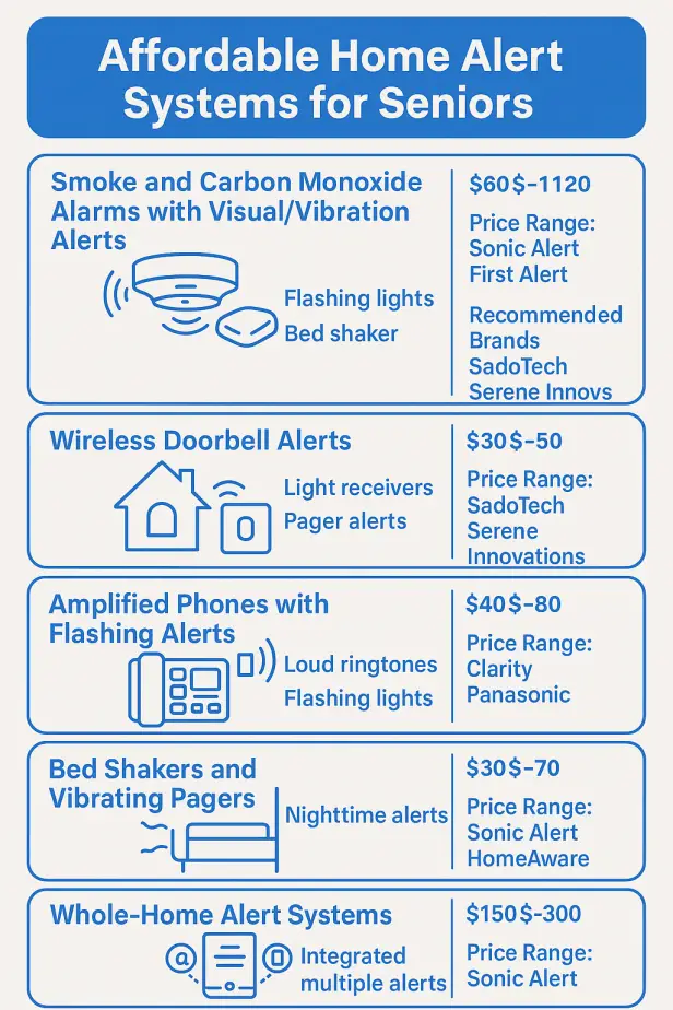 Infographic showing five affordable home alert systems for seniors including smoke and carbon monoxide alarms with strobes, wireless doorbell alerts, amplified phones with flashing lights, bed shakers, and whole-home alert kits with price ranges and recommended brands.