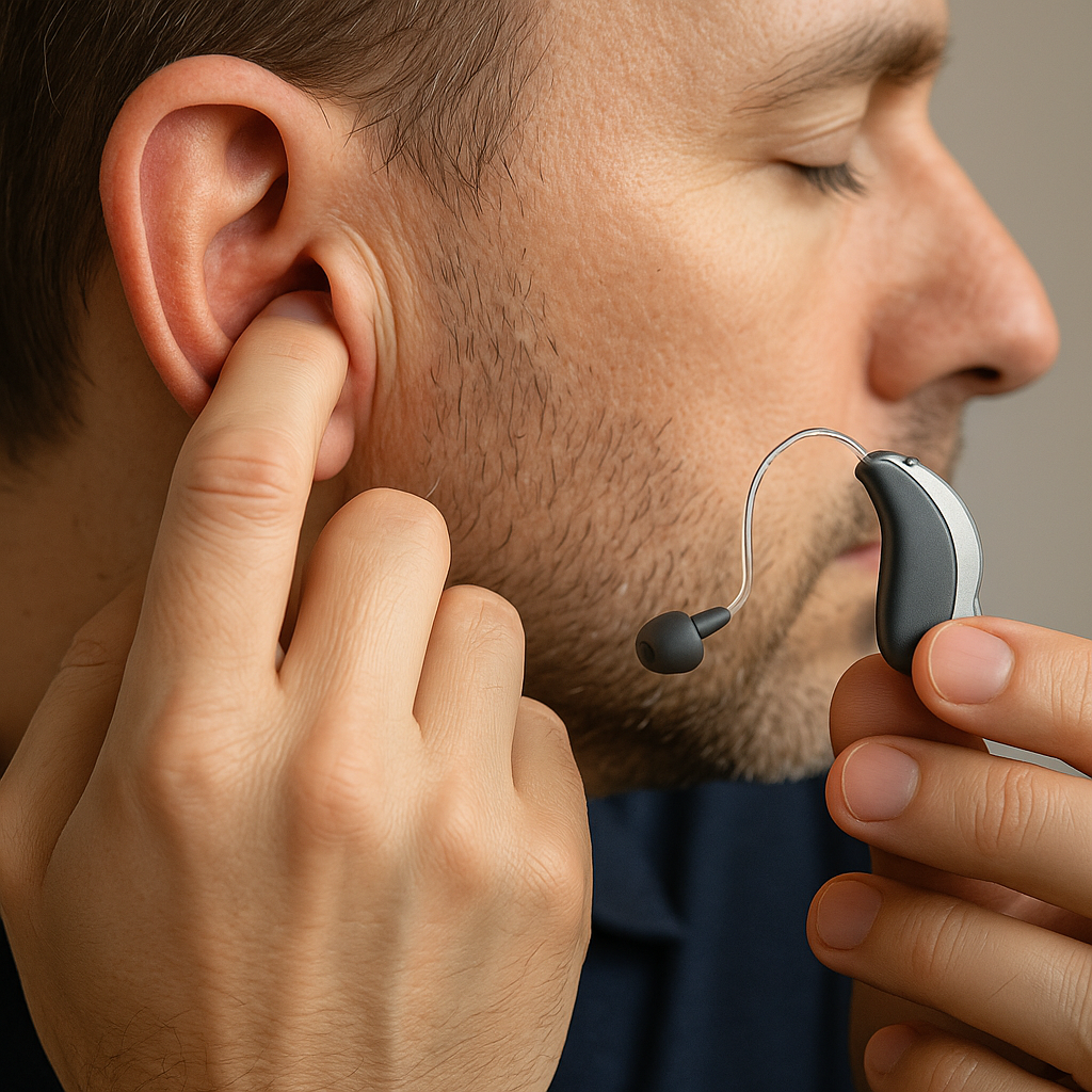 Man scratching his ear canal with one hand while holding a modern RIC hearing aid with a silicone dome in the other hand, illustrating skin irritation or allergic reaction from hearing aids