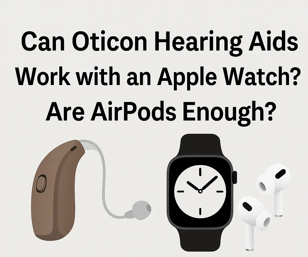 Oticon hearing aid, Apple Watch, and Apple AirPods shown together with the headline text asking if Oticon hearing aids work with Apple Watch and whether AirPods are enough.
