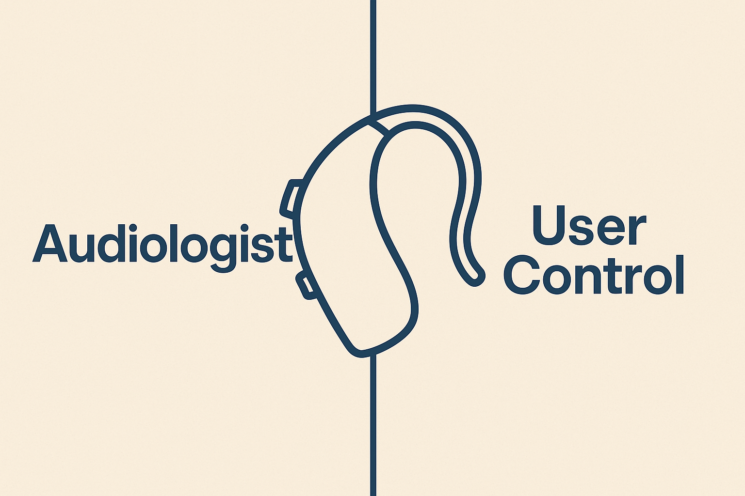 Minimalist graphic showing a navy blue outline of a behind-the-ear hearing aid centered between two columns of text. The left side reads 'Audiologist' and the right side reads 'User Control,' separated by a vertical line, all on a light beige background