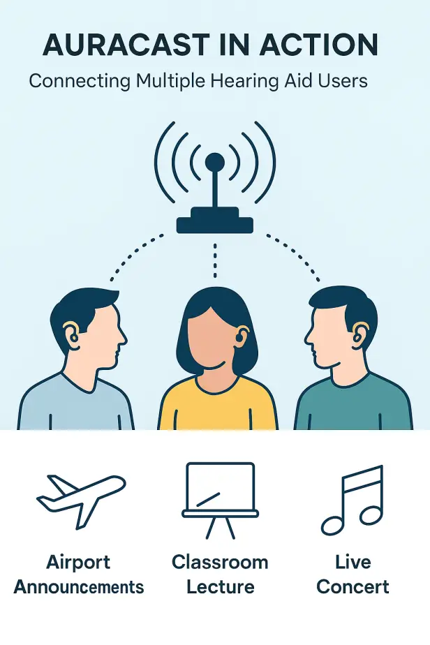 Infographic showing Auracast in action with three hearing aid users receiving broadcast audio in different settings, including airport announcements, classroom lectures, and live concerts.