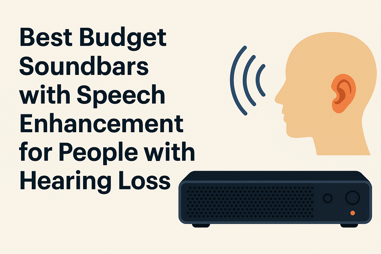Illustration of a soundbar with sound waves directed toward a person’s ear, symbolizing clearer dialogue for people with hearing loss. Text reads “Best Budget Soundbars with Speech Enhancement for People with Hearing Loss.”