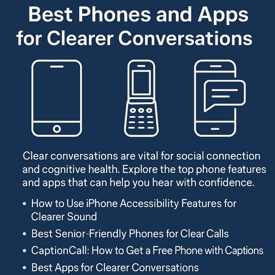 Graphic showing smartphone, flip phone, and captioned phone icons with text highlighting best phones and apps for clearer conversations