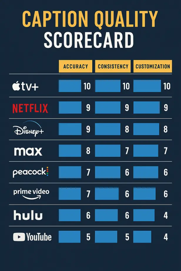 Infographic scorecard ranking streaming services by caption quality in 2025. Apple TV+ scores 10 across accuracy, consistency, and customization; Netflix 9s; Disney+ slightly lower; Max, Peacock, Prime Video midrange; Hulu and YouTube lowest.