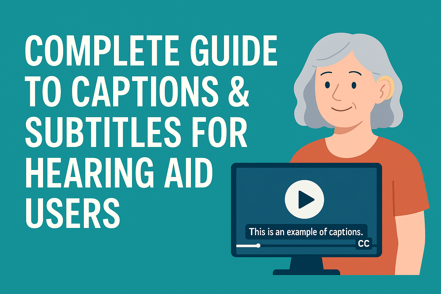 Illustration of a woman with hearing aids watching TV with captions, promoting a complete guide to captions and subtitles for hearing aid users