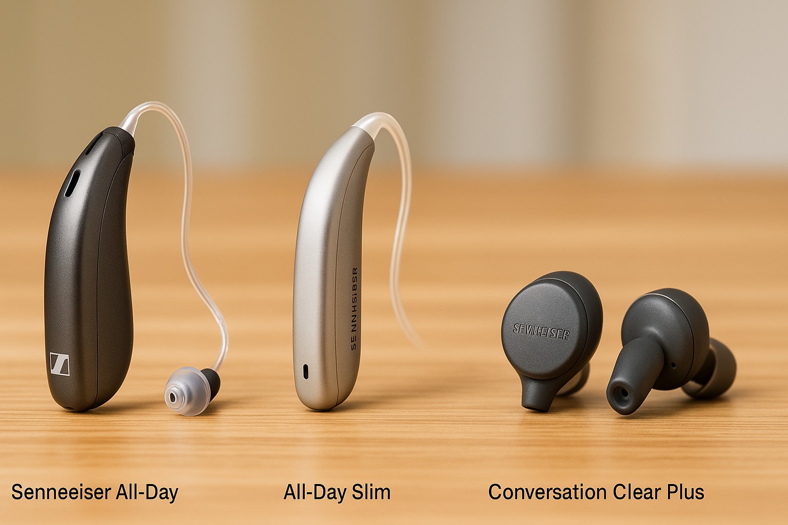 Three Sennheiser OTC hearing aids displayed side by side on a wooden table: the dark gray All-Day Clear RIC hearing aid, the slim silver All-Day Slim BTE hearing aid, and the compact dark gray Conversation Clear Plus earbuds