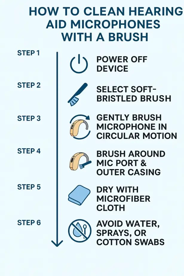 Infographic showing six steps to clean hearing aid microphones with a brush: power off device, select soft-bristled brush, gently brush microphone in circular motion, brush around mic port and outer casing, dry with microfiber cloth, and avoid water, sprays, or cotton swabs
