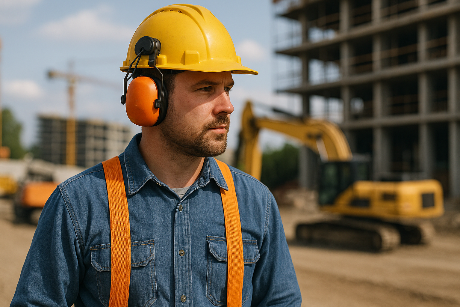 Construction worker wearing a yellow hard hat, orange earmuffs, and safety gear at a job site, demonstrating OSHA-required hearing protection.