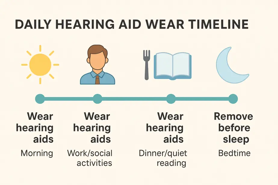 Infographic showing a daily hearing aid wear schedule: morning to evening wear, remove at bedtime.
