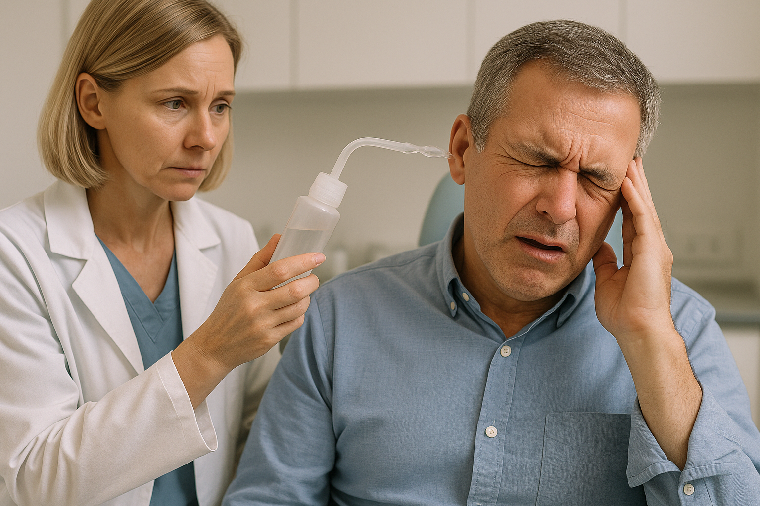 Patient experiencing dizziness after ear wax irrigation at a clinic