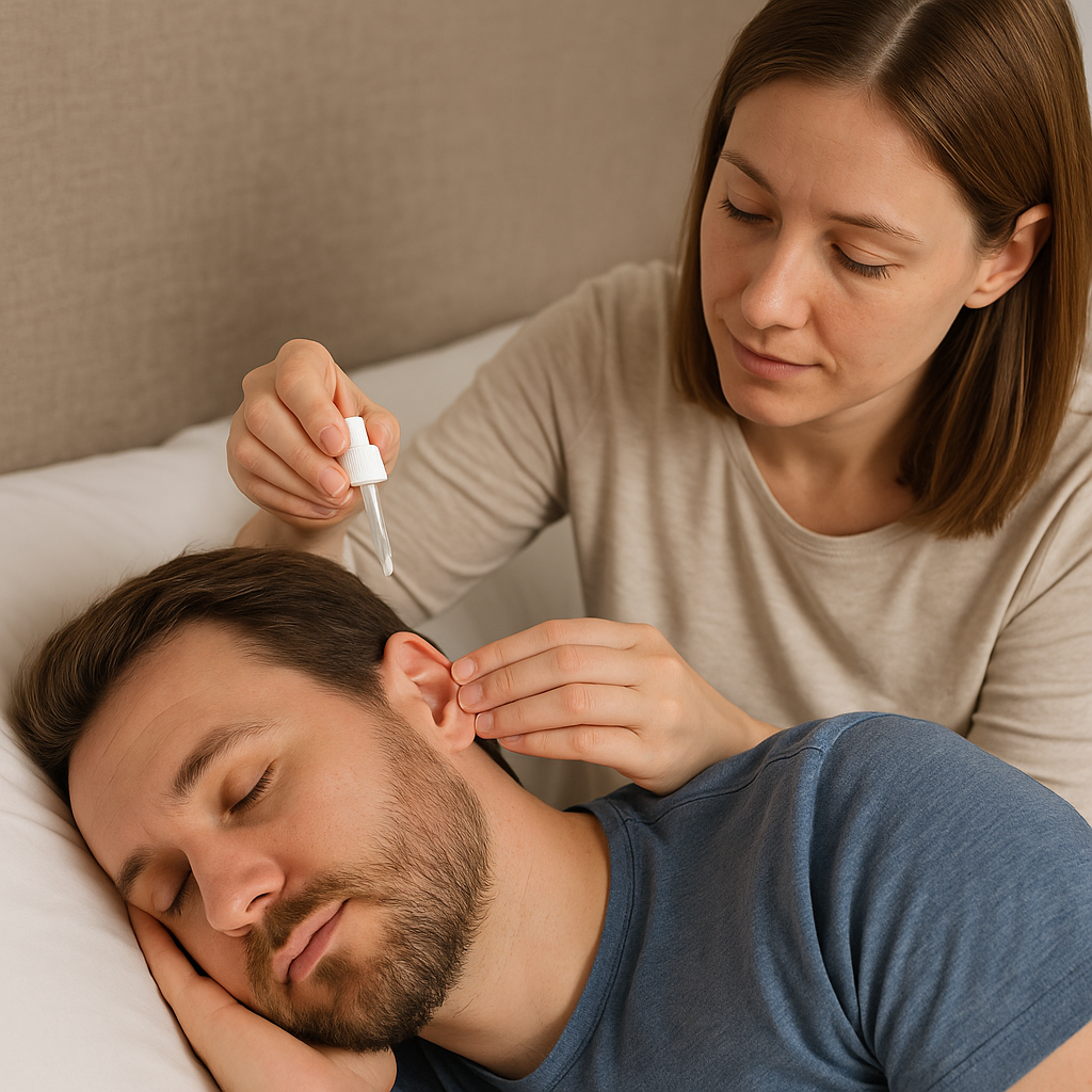 image of a person lying on a bed while their spouse gently applies ear drops into their ear, illustrating safe at-home earwax removal
