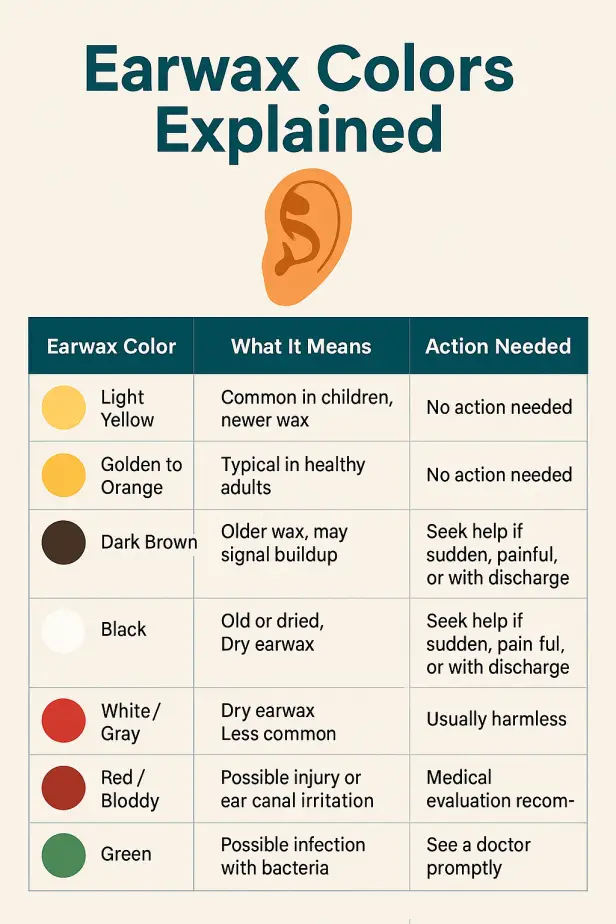 Infographic earwax color chart showing meanings of light yellow, golden, dark brown, black, white/gray, red/bloody, and green earwax with recommended actions