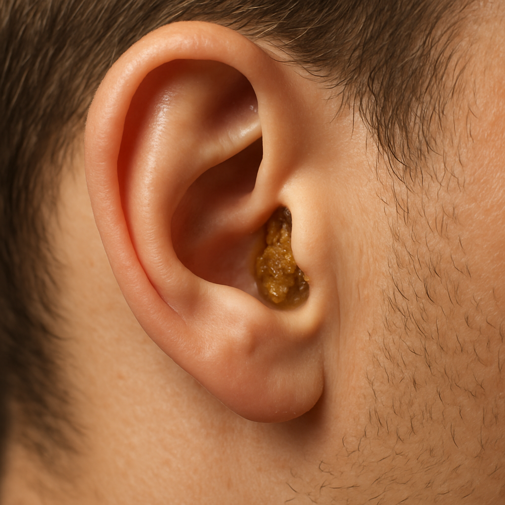 Close-up image of a human ear with visible golden-brown earwax inside the ear canal, illustrating earwax color and texture