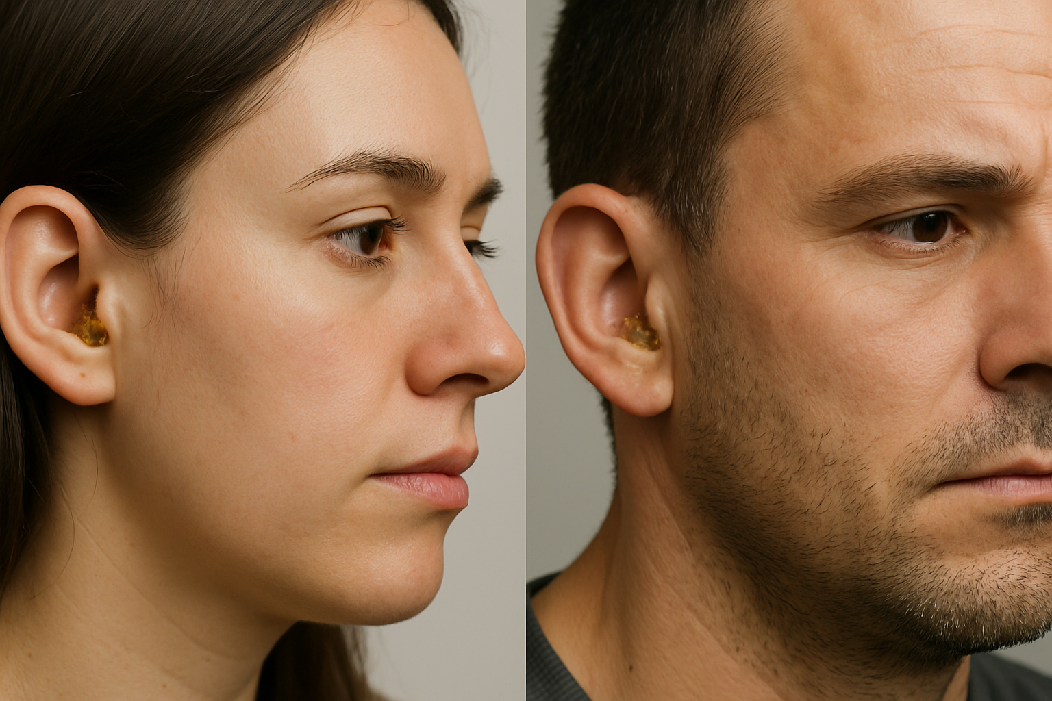 side profile of a man and woman showing visible earwax inside their ear canals, illustrating natural earwax buildup
