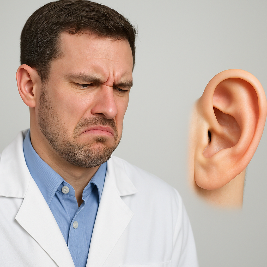 Male healthcare professional in a white lab coat grimacing with a sour face while looking at a large anatomical model of a human ear, illustrating the concept of bad-smelling earwax in a medical context