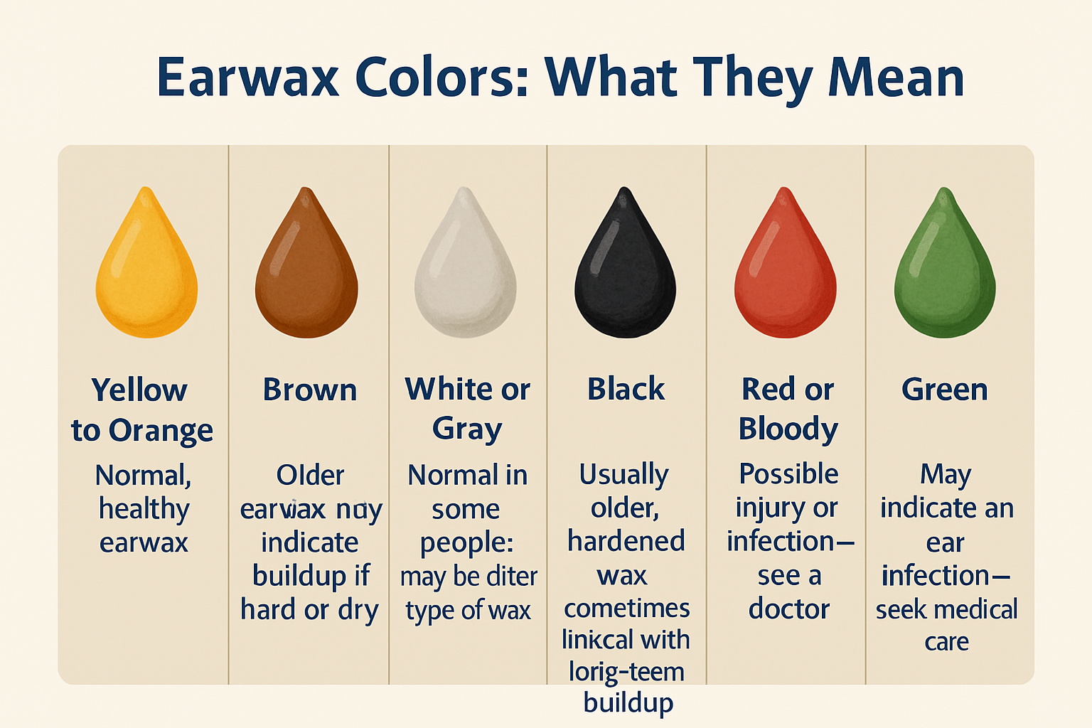 Educational infographic showing earwax colors and their meanings: yellow to orange (normal, healthy), brown (older earwax, possible buildup), white or gray (normal in some people), black (older, hardened wax with long-term buildup), red or bloody (possible injury or infection, see a doctor), and green (may indicate ear infection, seek medical care)