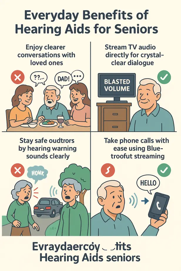 Four-panel infographic showing everyday benefits of hearing aids for seniors: clearer family conversations, streaming TV audio, improved safety outdoors, and easier phone calls