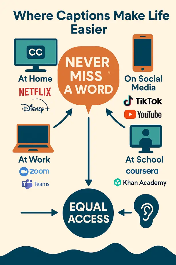 Infographic showing where captions make life easier for hearing aid users: at home with Netflix and Disney+, at work with Zoom and Teams, at school with Coursera and Khan Academy, and on social media with TikTok and YouTube. Central message 'Never Miss a Word' leading to 'Equal Access' with a hearing aid icon