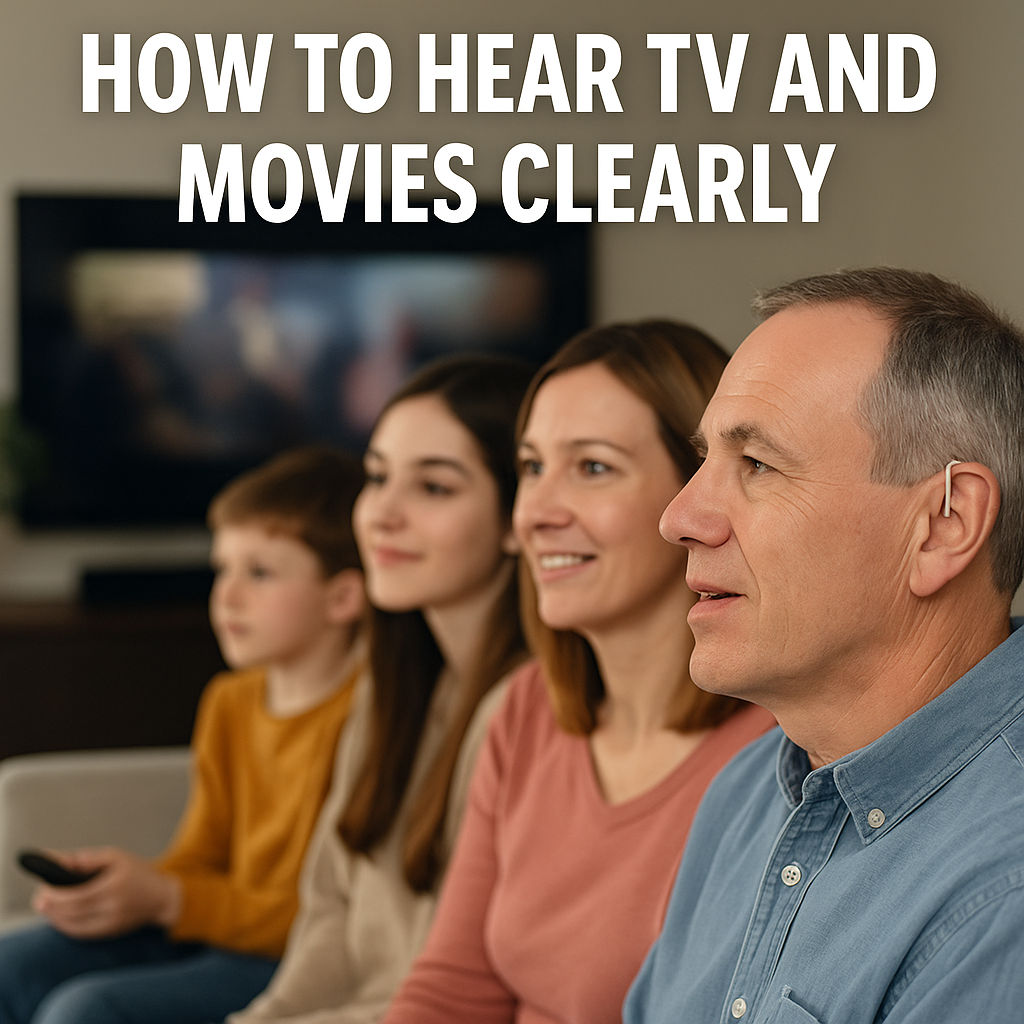 Family watching TV together, father wearing modern hearing aids, cozy living room setting with warm atmosphere