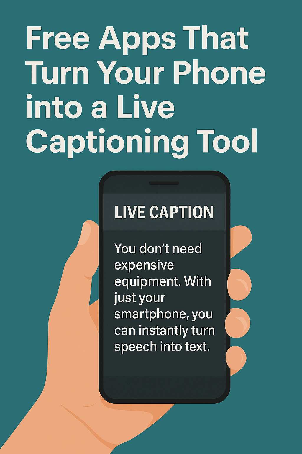 Illustration of a smartphone displaying live captions, promoting free apps that turn your phone into a live captioning tool for hearing aid users.