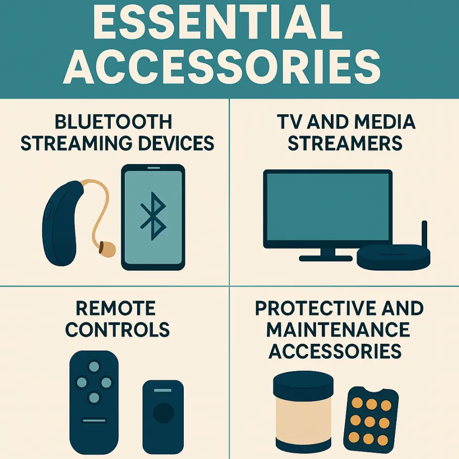 Infographic showing essential hearing aid accessories including Bluetooth streaming devices, TV and media streamers, remote controls, and protective maintenance tools, with modern minimalist icons and bold headings