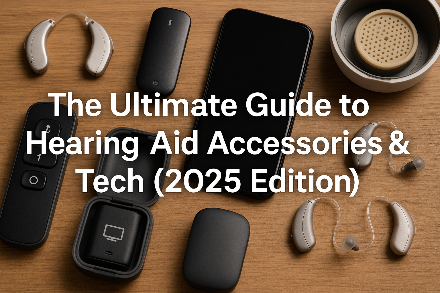 Flat lay of modern hearing aids with accessories including smartphone app, TV streamer, remote microphone, and drying kit on a wooden background – featured image for The Ultimate Guide to Hearing Aid Accessories & Tech (2025 Edition)