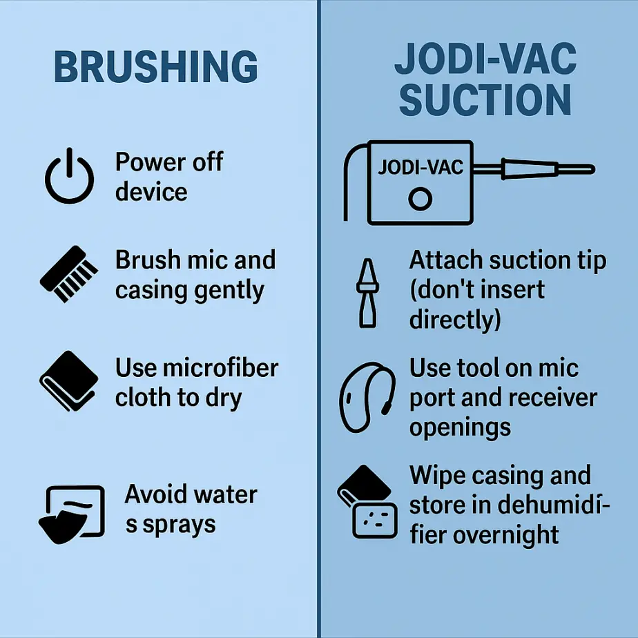 “Infographic comparing two methods of cleaning hearing aid microphones: Brushing method with power off, gentle brushing, microfiber cloth, and avoiding water sprays; versus Jodi-Vac suction method with attached suction tip, cleaning mic ports and receiver openings, and storing in a dehumidifier overnight.
