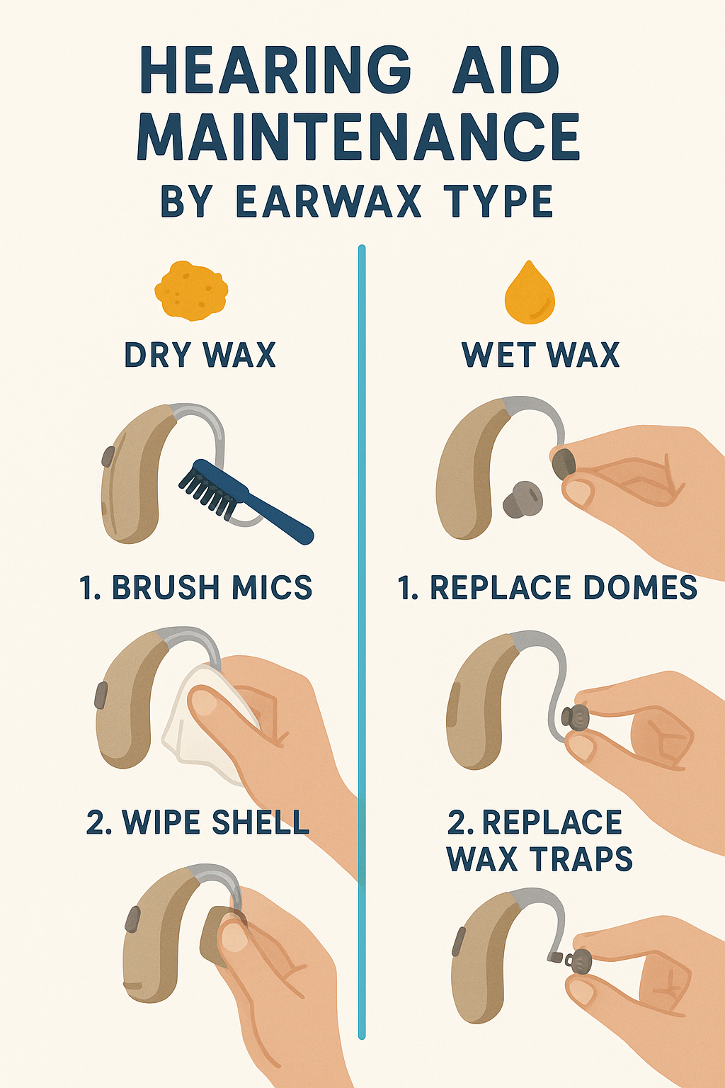 Hearing aid maintenance tips for dry and wet earwax users.” Filename: earwax-type-hearing-aid-maintenance-infographic.jpg generate this infographic