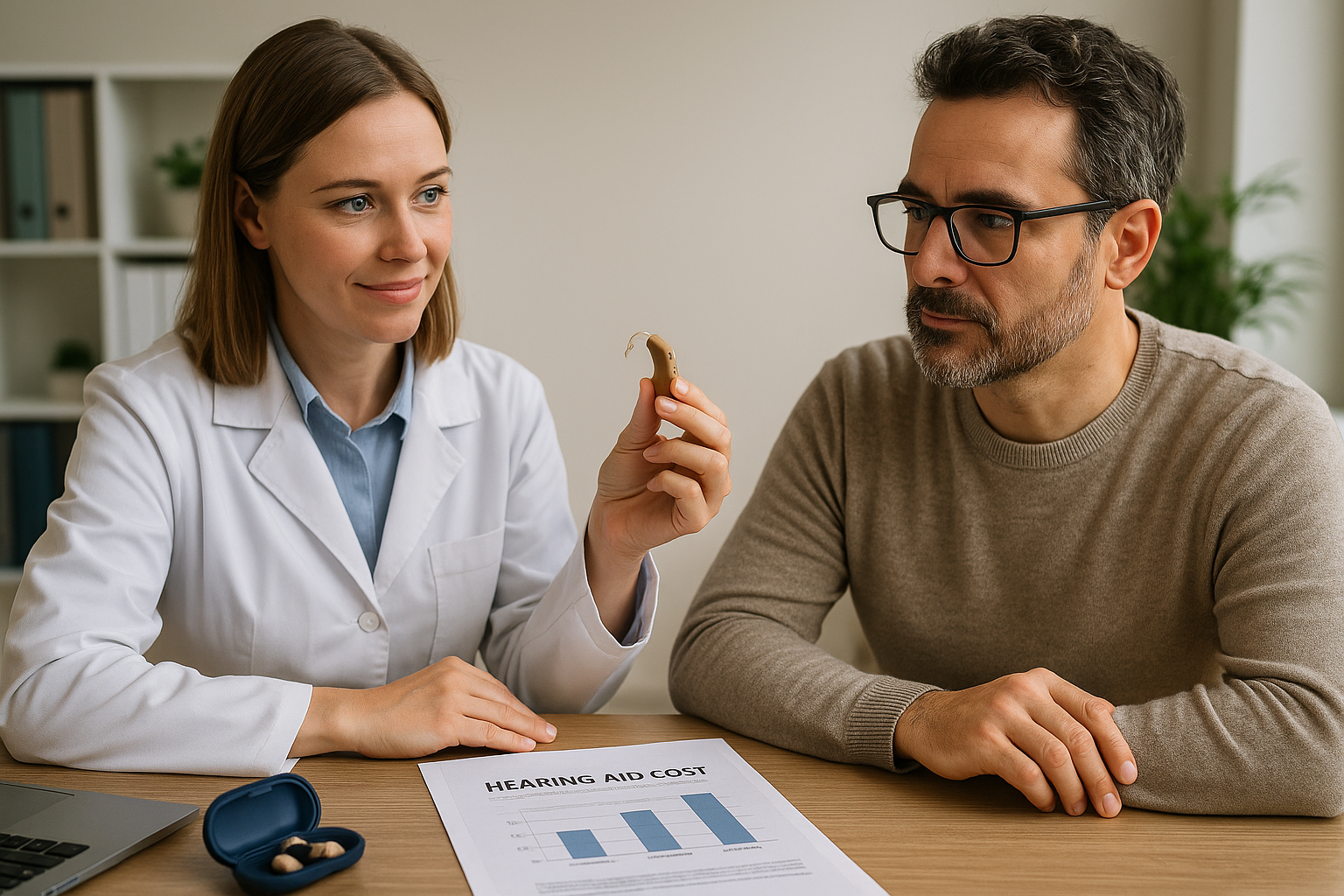 Photorealistic image of an audiologist showing a hearing aid to a middle-aged patient during a consultation, with a cost chart and hearing aids on the desk.