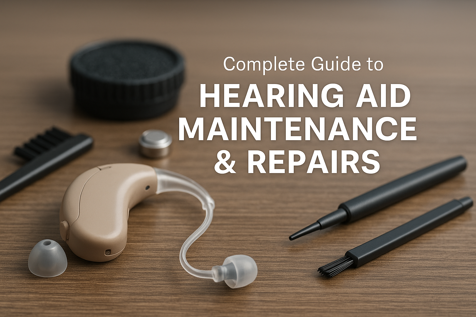 Close-up of a beige behind-the-ear hearing aid with cleaning tools, battery, and drying kit on a wooden table, representing a complete guide to hearing aid maintenance and repairs