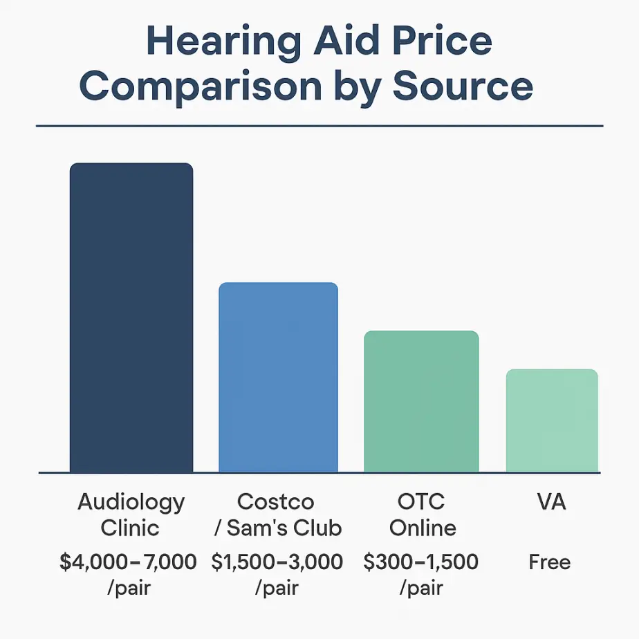 Infographic bar chart comparing hearing aid prices by source: Audiology Clinic $4,000–$7,000 per pair, Costco/Sam’s Club $1,500–$3,000 per pair, OTC Online $300–$1,500 per pair, and VA Free for qualifying veterans.
