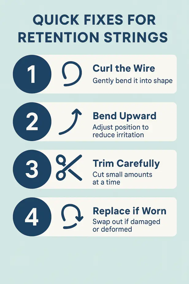 Infographic showing four quick fixes for hearing aid retention strings: curl the wire, bend upward, trim carefully, and replace if worn