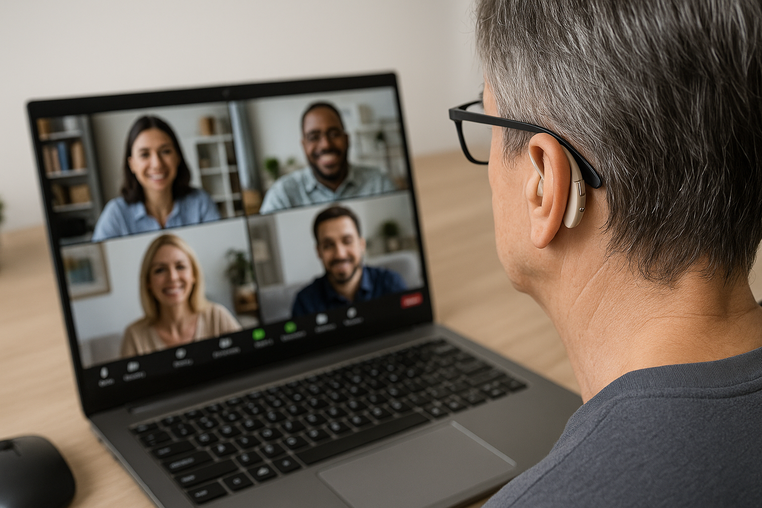 Person with behind-the-ear hearing aids participating in a Zoom call on a laptop for clear audio connection.