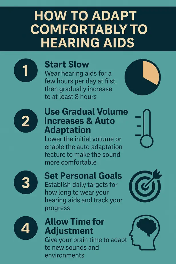 Infographic comparing good vs. bad hearing aid habits for brain adaptation and comfort.