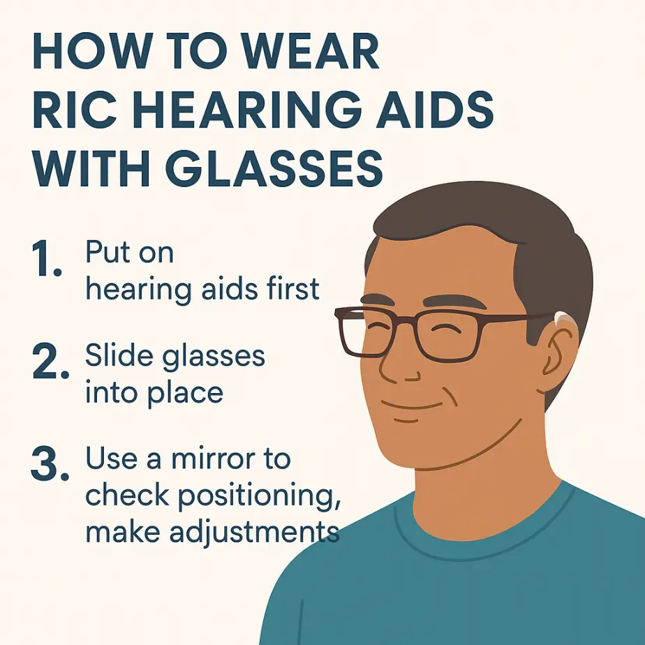 Infographic showing a man wearing glasses and RIC hearing aids alongside key statistics: 466 million people worldwide have hearing loss, two in three adults over 60 wear glasses, and only 1% of hearing aid users with glasses report problems.